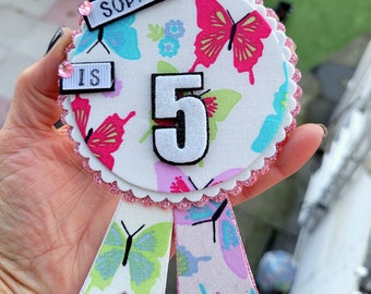 Personalised Birthdy badge, Butterfly birthday badge, keepsake birthday badge butterflies badge, with velcro safety flap