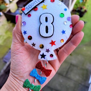 Personalised Birthday badges, personalised 3D padded Glitter Balloon birthday badge, lightly padded balloon badges, with velcro safety flap