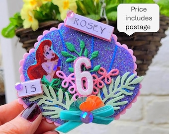 Personalised glitter Mermaid birthday badge, mermaids badge with safety flap. Price includes postage