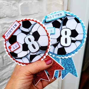 Perosnalised Birthday badges, Personalised Football Birthday badge, Team colours available, football birthday pin, velcro safety flap