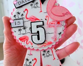 Personalised Birthday badge, Flamingo birthday badge, Pink flamingo birthday badge, celebration badge, keepsake badge, velcro safety flap