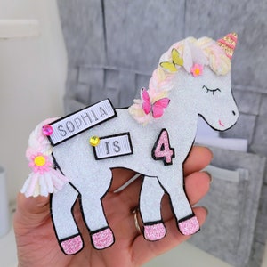 Personalised Birthday badges, Personalised Unicorn birthday badge, keepsake badge, unicorn pin, unicorn with velcro safety flap