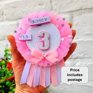 Personalised Pink tulle and stars rosette birthday badge, glitter badge with safety flap price includes postage