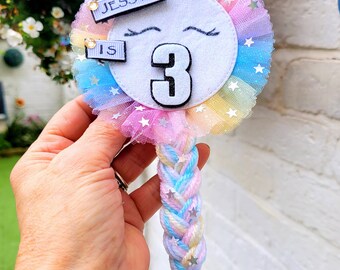 Personalised birthday badge, Sparkly rainbow unicorn badge, unicorn personalised badge, keepsake badge, with velcro safety flap