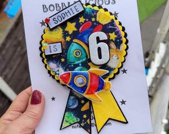Personalised Birthday badge, rocket badge,Outer space birthday badge, rocket badge, keepsake badge, spaceship badge, velcro safety flap