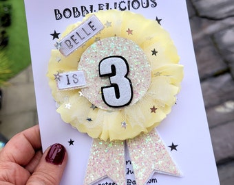Personalised birthday badge, Shabby rosette Birthday badge, Lemon rosette badge, tulle and stars, with velcro safety flap