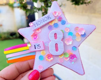 Personalised birthday badge, Shaker sequin shooting star birthday badge, star birthday badge, shooting star badge, velcro safety flap