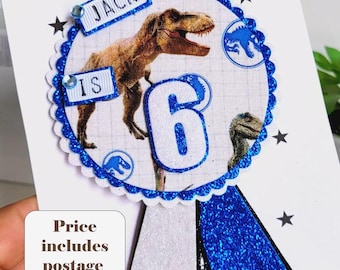 Personalised fabric and glitter T.rex Dinosaur Birthday badge, Tyrannosaurus Rex birthday badge,with safety flap. Price includes postage