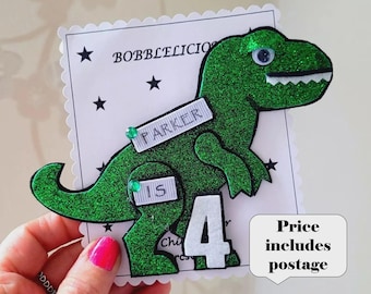 Personalised glitter T. Rex Birthday badge, Tyrannosaurus rex badge, Dinosaur badge, with safety flap. Price includes postage