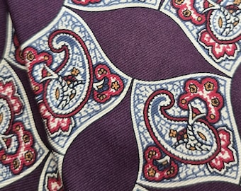 Vintage Liberty of London Tie, Made in U.S.A of Imported Fabric, 100% Silk, Paisley Foulard Pattern, Burgundy with Khaki, Gray-Blue