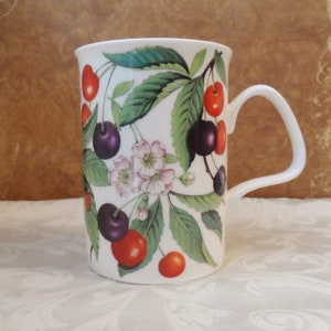 Sweet Cherry, Roy Kirkham, Fine Bone China, Made in England,  Coffee Mug, Tea Cup, 1999, Vintage, Red and Black Cherries, Cherry Blossoms