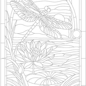 May include: Black and white stained glass design featuring a dragonfly, water lily, and a sunset over water. The dragonfly is in the center, with detailed wing patterns. The water lily is at the bottom, with a bud to the left.