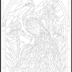 May include: Black and white line art of a peacock with its tail feathers spread, standing among iris flowers. The design is framed by an arched window with geometric patterns. The word "Scales" is written in a circle at the top.