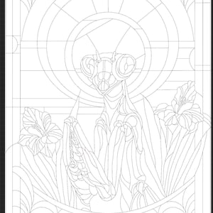 May include: Black and white line art of a praying mantis with large eyes, surrounded by stylized flowers and foliage. The design is reminiscent of stained glass, with geometric shapes and curved lines. The mantis is the central focus.