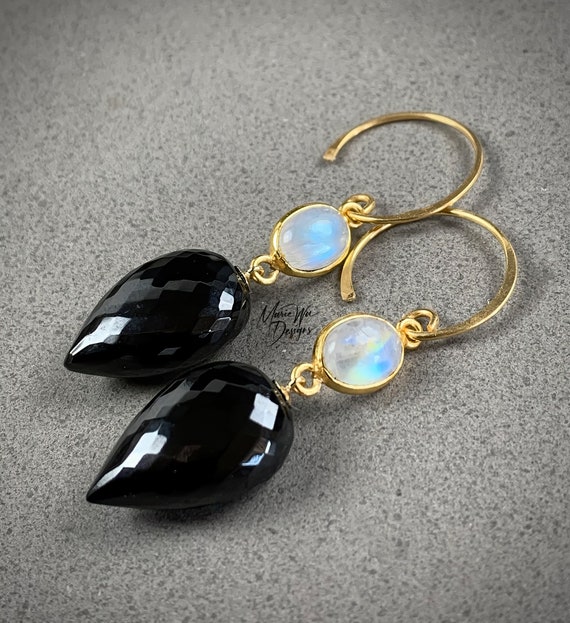 Natural Black Spinel-rainbow Moonstone-18k Gold Vermeil Dangle  Earrings-black Dress Earrings - Etsy