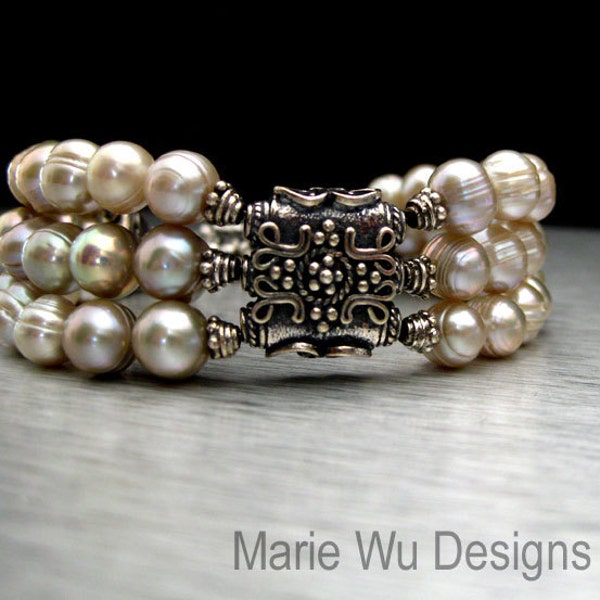 3 Strand-Antique/Platinum Hue FW Pearls-Artisan Bali Silver Bracelet