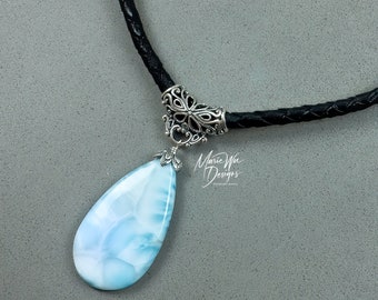 Seascape Larimar-Balinese Artisan Silver-European Leather Adjustable Necklace