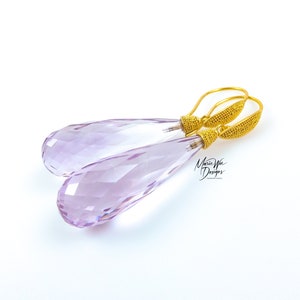 18k Large Natural Pink Amethyst-Solid 18k Handmade Artisan Gold Granulation Earrings-February Birthstone Earrings-High End Earrings