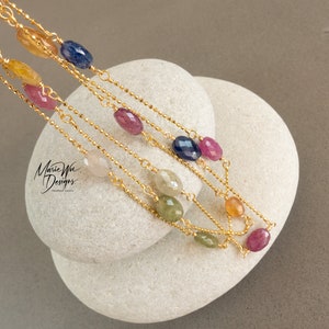 Multi Natural Sapphire-Pink Green White Blue Yellow-Long Layering Gold Fill Necklace
