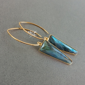 Fire Labradorite Spear Arrow-Contemporary Gold Fill Vermeil Hoop Bold Earrings