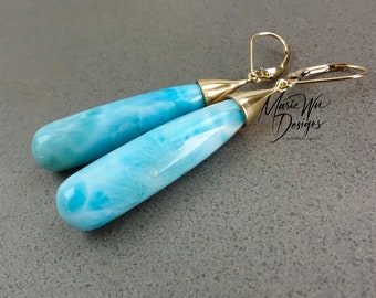 14k Dominican Larimar Full Drop Briolettes-Long Dangle Solid 14k Gold Modern Contemporary Earrings