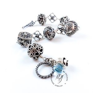 925 Bali Bead-Bali Silver-Sterling Silver Ornate Toggle Bracelet with Blue Topaz Rosebud Charm-Unisex Bracelet