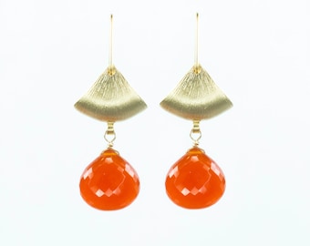 Fanta Orange Carnelian~Contemporary Gold Dangle Earrings