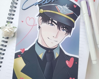 May include: A digital illustration of a man with black hair wearing a black and gold military uniform with a navy blue cap. The background is light blue with pink hearts.