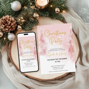 Invito per festa di Natale rosa, invito di Natale, annuncio di festa, albero di Natale, modello modificabile e stampabile, download digitale CP003