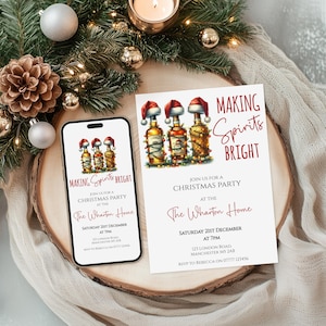 Invito per la festa di Natale "Making Spirits Bright", invito natalizio, annuncio della festa, per adulti, modello modificabile, download digitale CP010