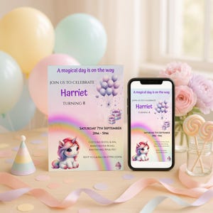 Rainbow Unicorn Birthday Invitation: Girl Party Invite Editable Template( Digital Download) - KB021