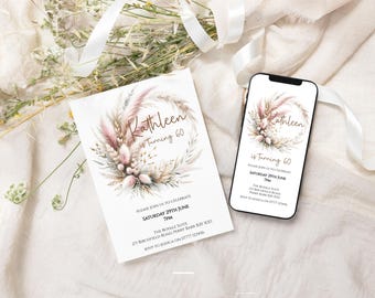 Convite de Aniversário Floral Boho Pampas: Editável para Festa Comemorativa (Download) - AB013