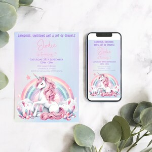 Unicorn Rainbow Birthday Party Invitation, Girl Party Invite, Sparkle Unicorn, Pink Unicorn, Unicorn Party, Editable Digital Download KB107