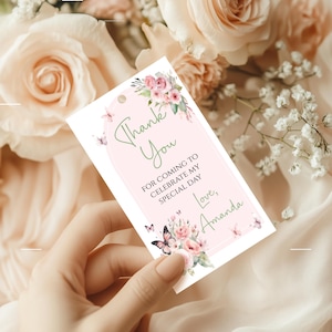 Etiqueta de agradecimento com borboleta floral rosa, etiqueta para presente, borboleta floral, aniversário, chá de bebê, casamento, download editável AB041