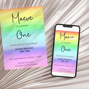 Rainbow Birthday Party Invitation: Editable Girl Invite (Digital Download) - KB179
