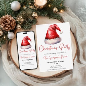 Invito per festa di Natale, invito di Natale, annuncio di festa, cappello di Babbo Natale, cappello di Natale, modello modificabile, download digitale CP009
