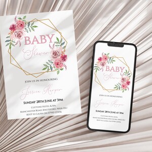 Pink Floral Baby Shower Invitation, Baby Girl, Baby Shower Invite, Pink Invitation, Floral Invite, Editable Invite, Digital Download BSI061