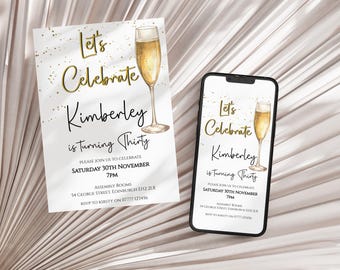 Champagne Birthday Invitation: Adult Celebration, Editable Template (Digital Download) AB017