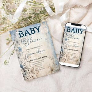 Blauwe bloemen babyshower uitnodiging, babyshower uitnodiging, genderneutraal, bewerkbare uitnodiging, blauwe bloemen, digitale download BSI046