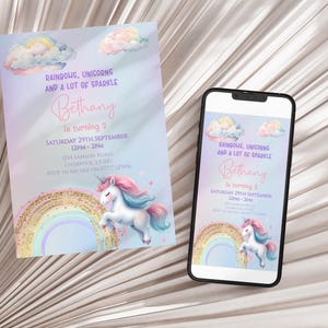 Unicorn Rainbow Birthday Party Invitation, Girl Party Invite, Gold Sparkle Unicorn, Pink Unicorn, Editable Invite, Digital Download KB109