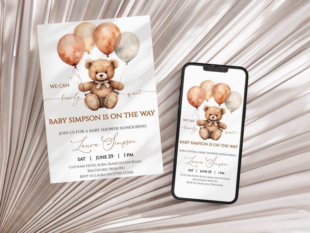 Editable Neutral Teddy Bear Baby Shower Invitation, We Can Bearly Wait ...