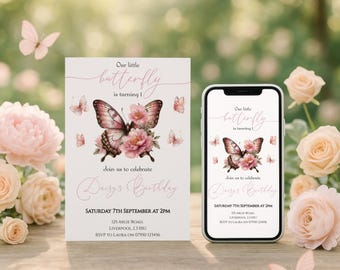 Pink Butterfly Birthday Invitation: Editable Girl Party Invite (Digital Download) - KB053