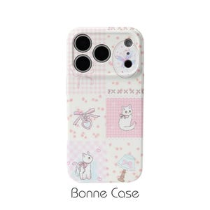 May include: A phone case featuring a light pink and white checkered pattern with illustrations of white cats, bows, a heart-shaped pendant, and a lamp. The design includes small pink dots and the text Bonne Case printed at the bottom of the image.
