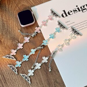 Dainty Butterfly Charms Gemstone Apple Watch Band, Elegant Silver Beaded iWatch Smart Watch Strap For Woman Birthday Gift For Her Series 10