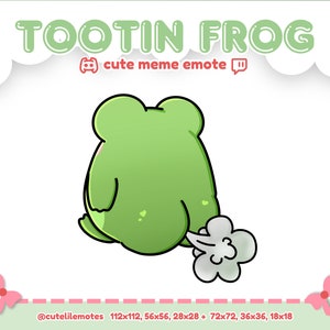 Può includere: Una rana verde di cartone animato con una nuvola bianca dietro, che fa la cacca. Il testo "TOOTIN FROG" è sopra la rana e "cute meme emote" è sotto la rana. Il testo "@cutelilemotes 112x112, 56x56, 28x28 + 72x72, 36x36, 18x18" è sotto la rana.