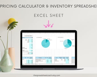 May include: A laptop computer displaying an Excel spreadsheet with the title "Pricing Calculator & Inventory Spreadsheet Excel Sheet". The spreadsheet includes a cost breakdown, a fees breakdown, and a table with columns for quantity, price, cost of materials, packaging, labor, and profit.