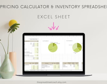 May include: A laptop computer displaying an Excel spreadsheet with the title "Pricing Calculator & Inventory Spreadsheet Excel Sheet". The spreadsheet includes a cost breakdown and a pie chart. The laptop is on a white surface with two yellow flowers in vases.