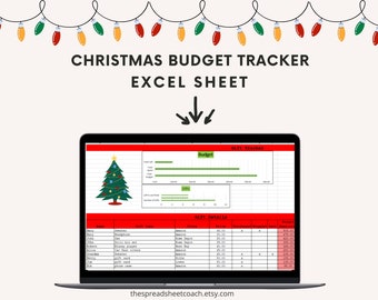 Pode incluir: Um laptop exibe uma planilha Excel de controle de orçamento de Natal. A tela mostra um gráfico de árvore de Natal, barras de orçamento e uma tabela de detalhes de presentes. O texto "CHRISTMAS BUDGET TRACKER EXCEL SHEET" está no topo.