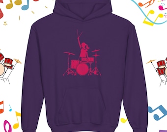 Moletom infantil com capuz e silhueta de baterista do rock | Blusa infantil para banda de música e bateria
