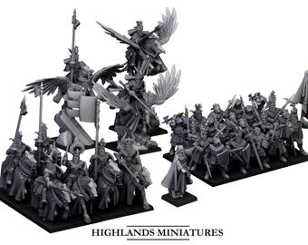 Bretonnia Gallia Highlands Miniature Army Pack | 20 Cavalieri a piedi, 6 Cavalieri, 3 Pegasi e una Dama | Resina Warhammer The Old World